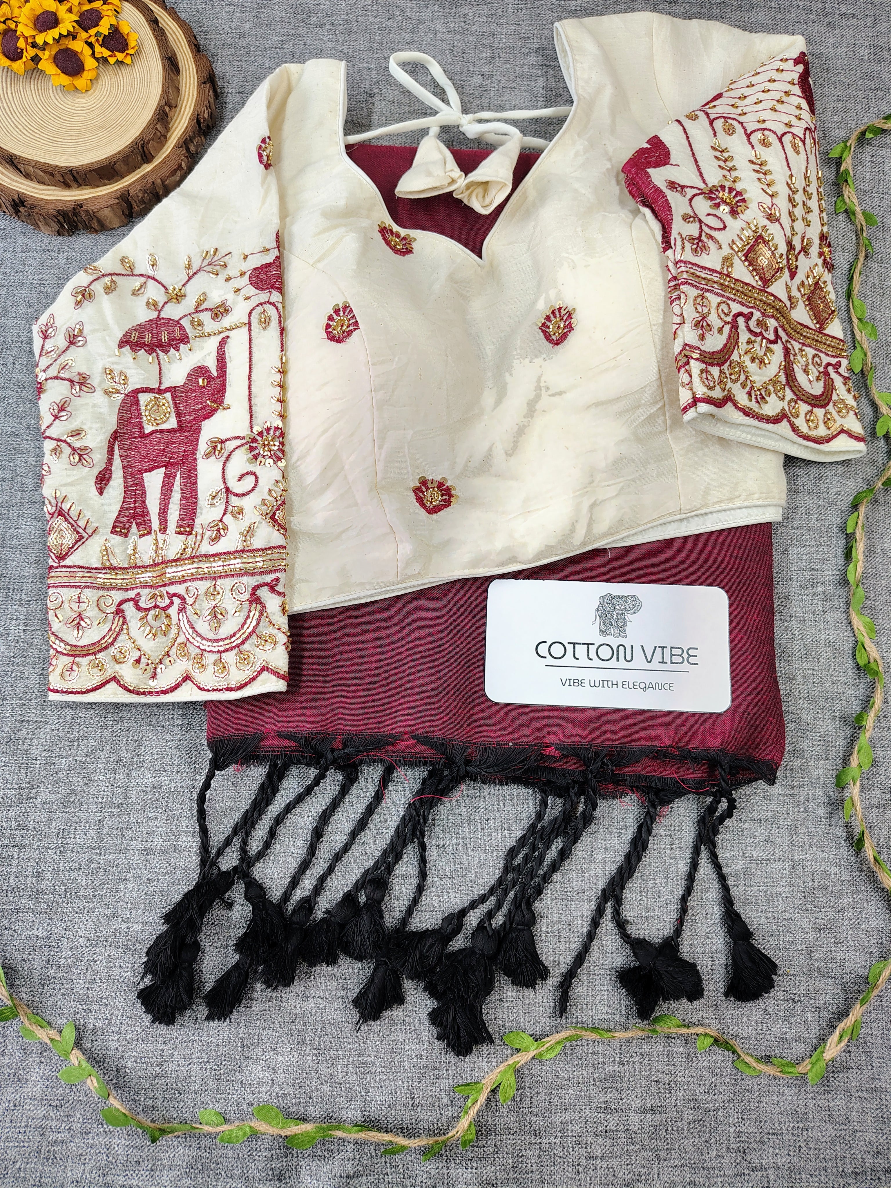 Maroon Cotton Khadi Saree With Embrodery Work Redy Made Blouse