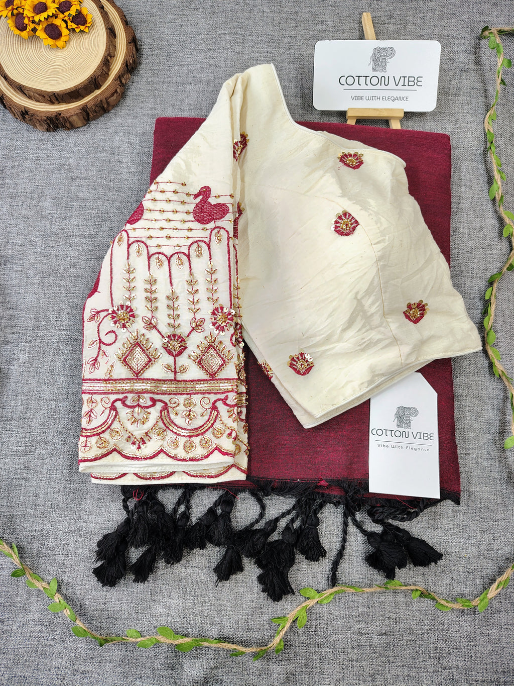 Maroon Cotton Khadi Saree With Embrodery Work Redy Made Blouse