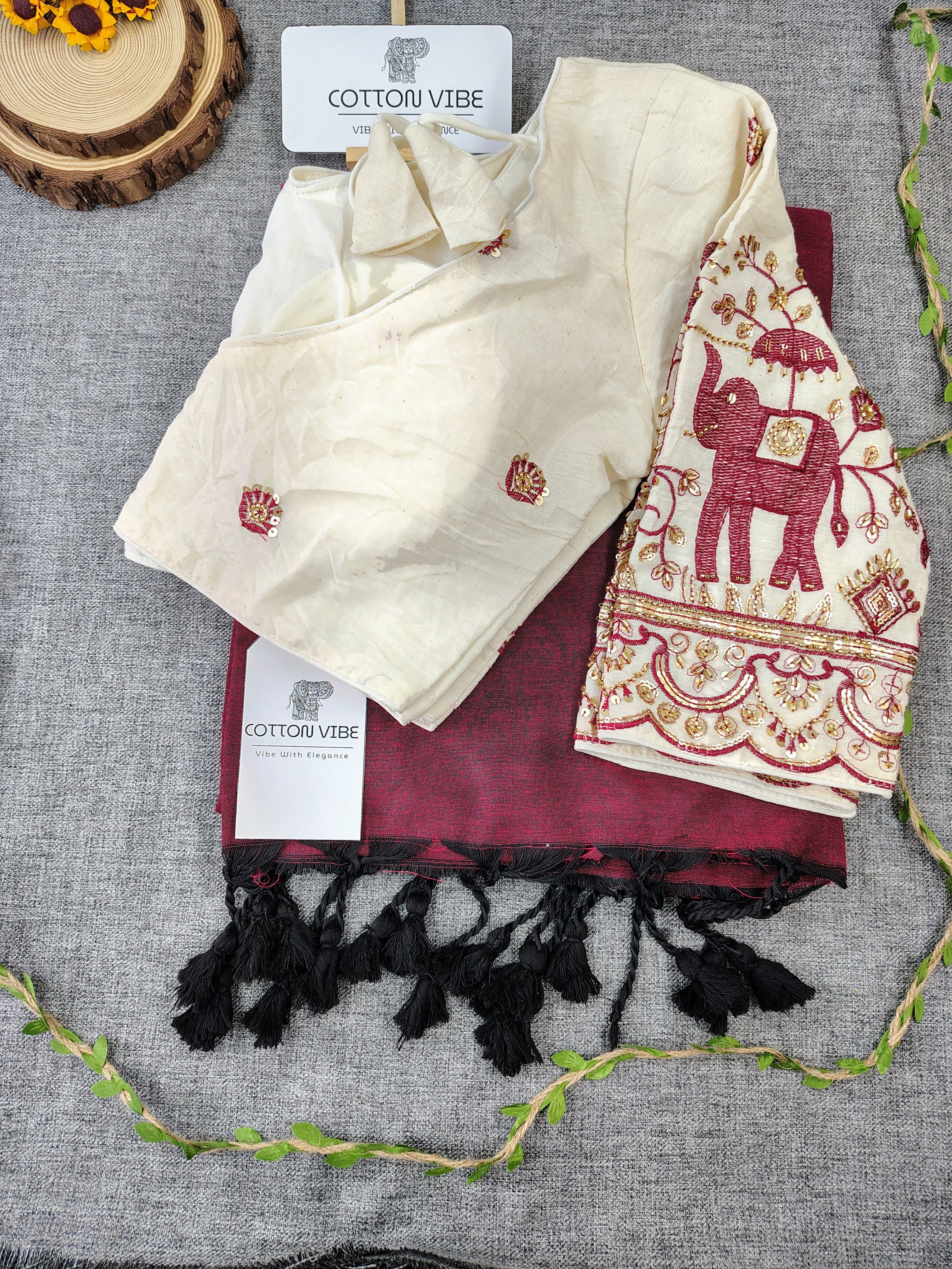 Maroon Cotton Khadi Saree With Embrodery Work Redy Made Blouse