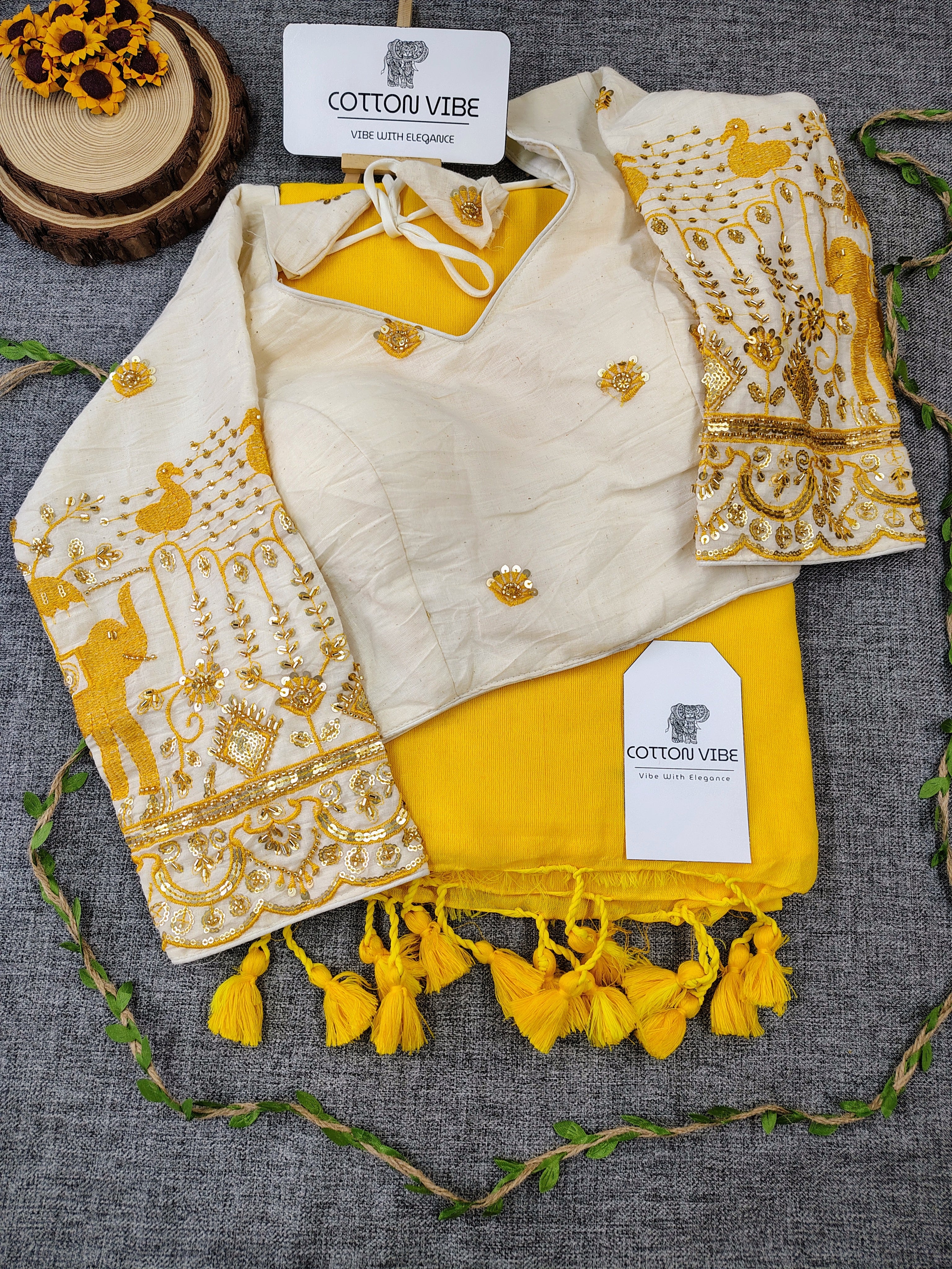 Yellow Cotton Khadi Saree With Embrodery Work Redy Made Blouse
