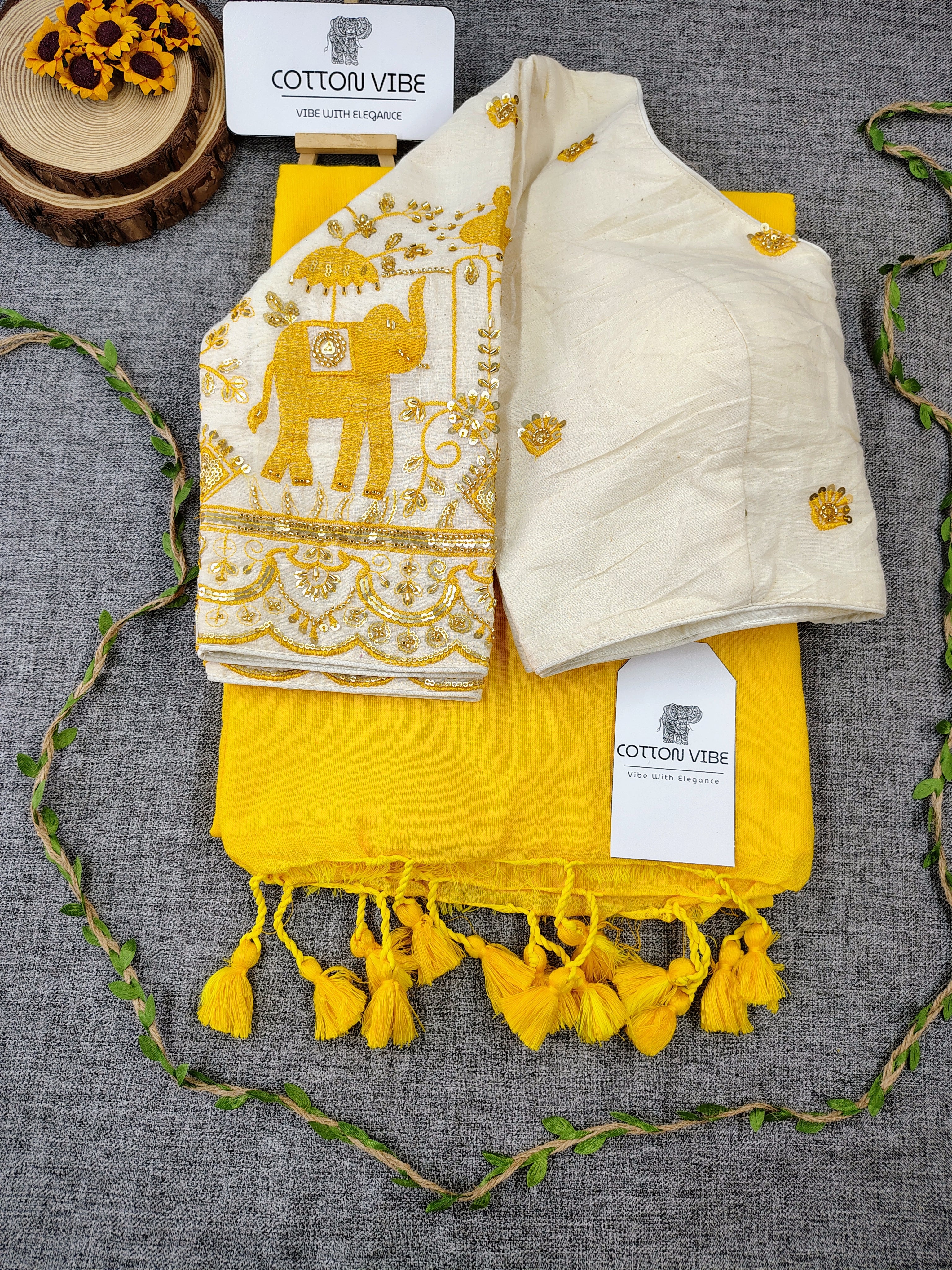 Yellow Cotton Khadi Saree With Embrodery Work Redy Made Blouse