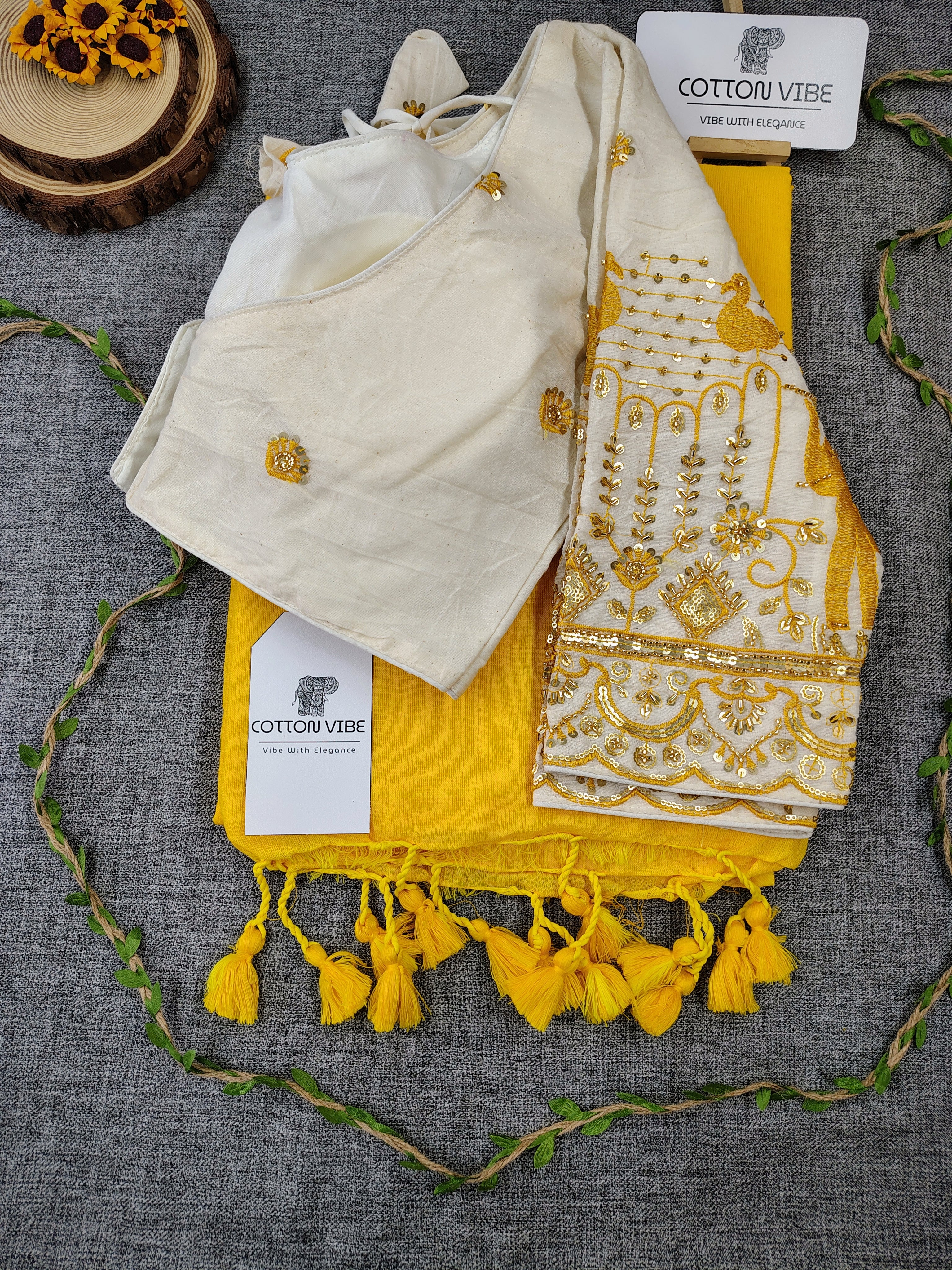 Yellow Cotton Khadi Saree With Embrodery Work Redy Made Blouse