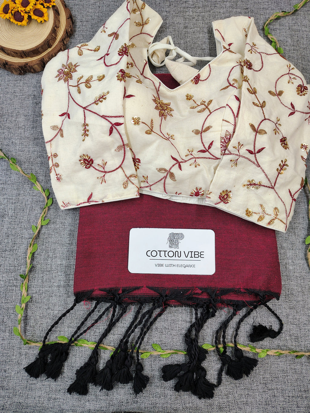 Classy Maroon Cotton Khadi Saree With Embrodery Work Redy Made Blouse