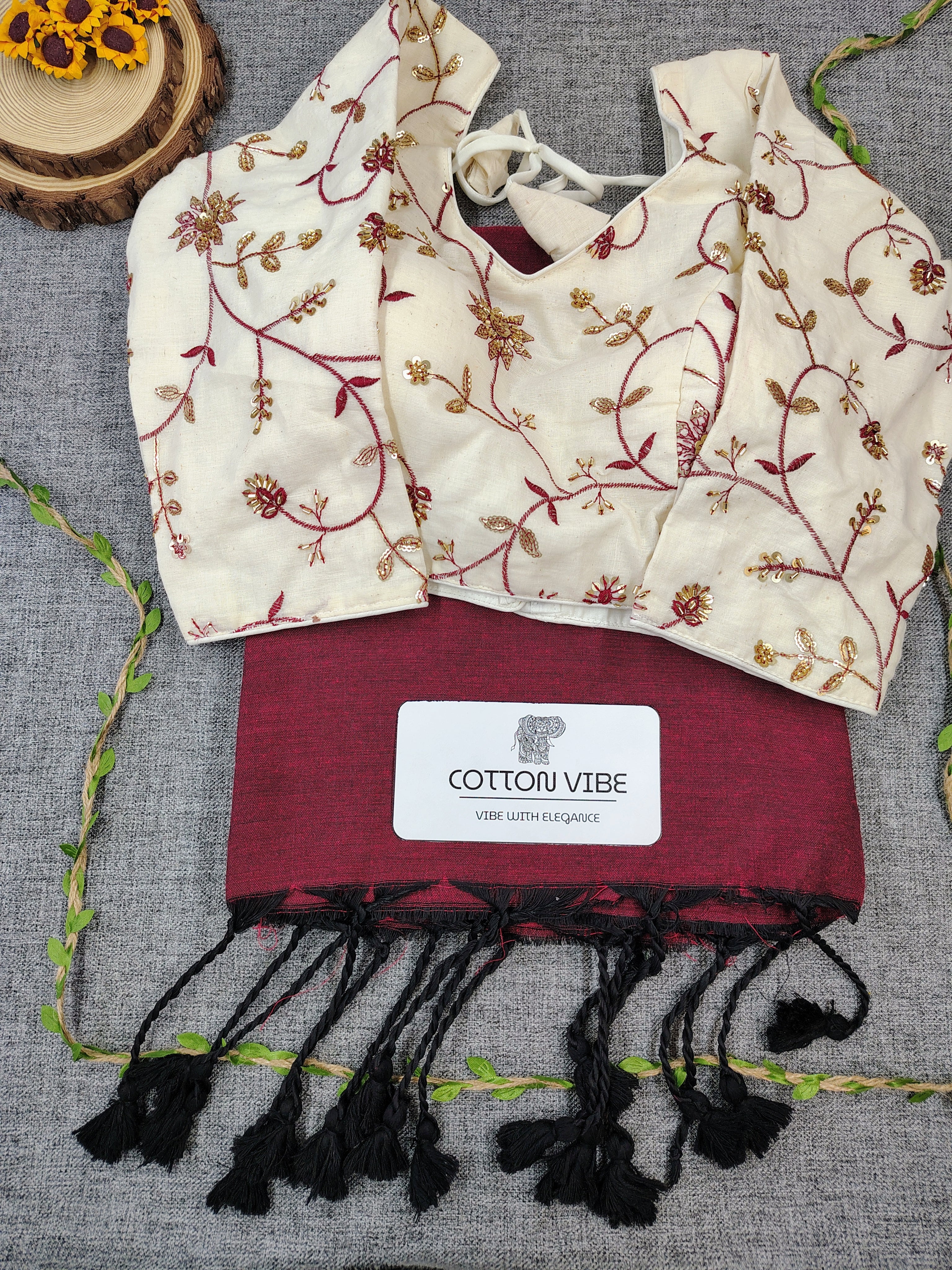 Classy Maroon Cotton Khadi Saree With Embrodery Work Redy Made Blouse