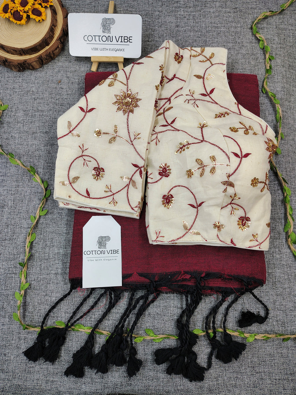 Classy Maroon Cotton Khadi Saree With Embrodery Work Redy Made Blouse