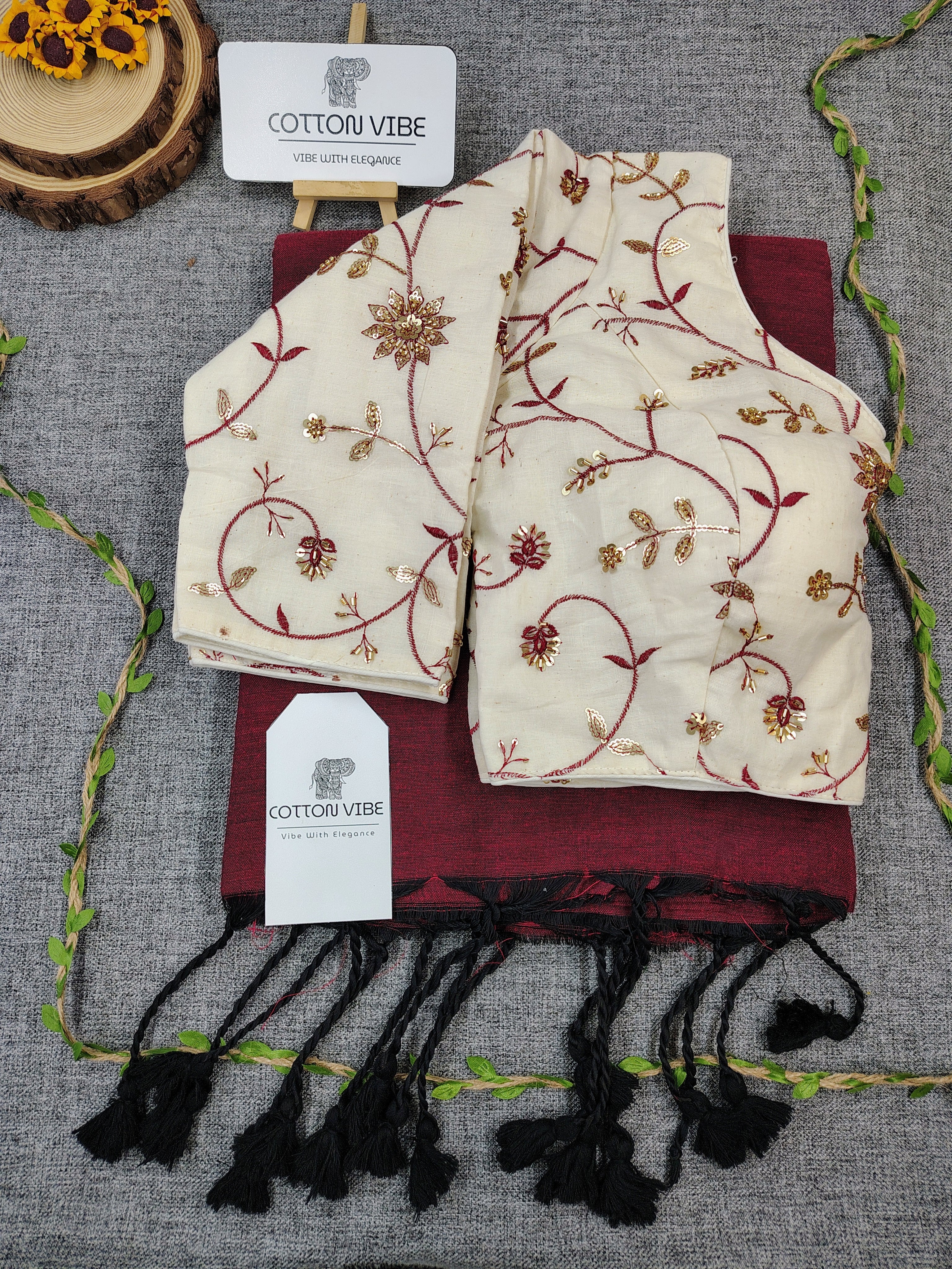 Classy Maroon Cotton Khadi Saree With Embrodery Work Redy Made Blouse