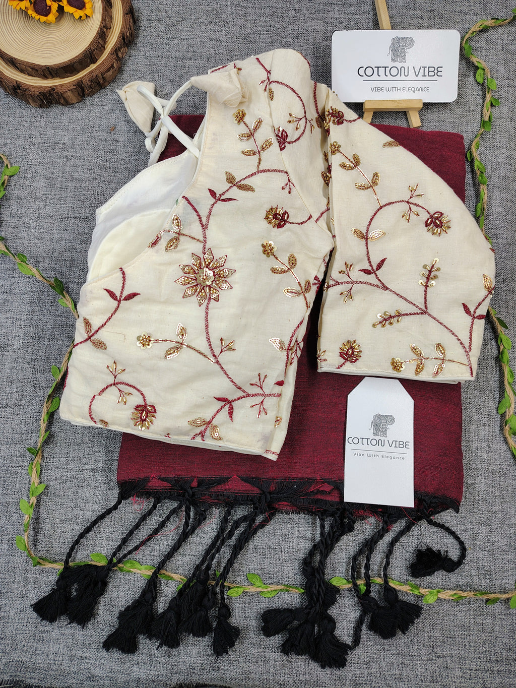 Classy Maroon Cotton Khadi Saree With Embrodery Work Redy Made Blouse