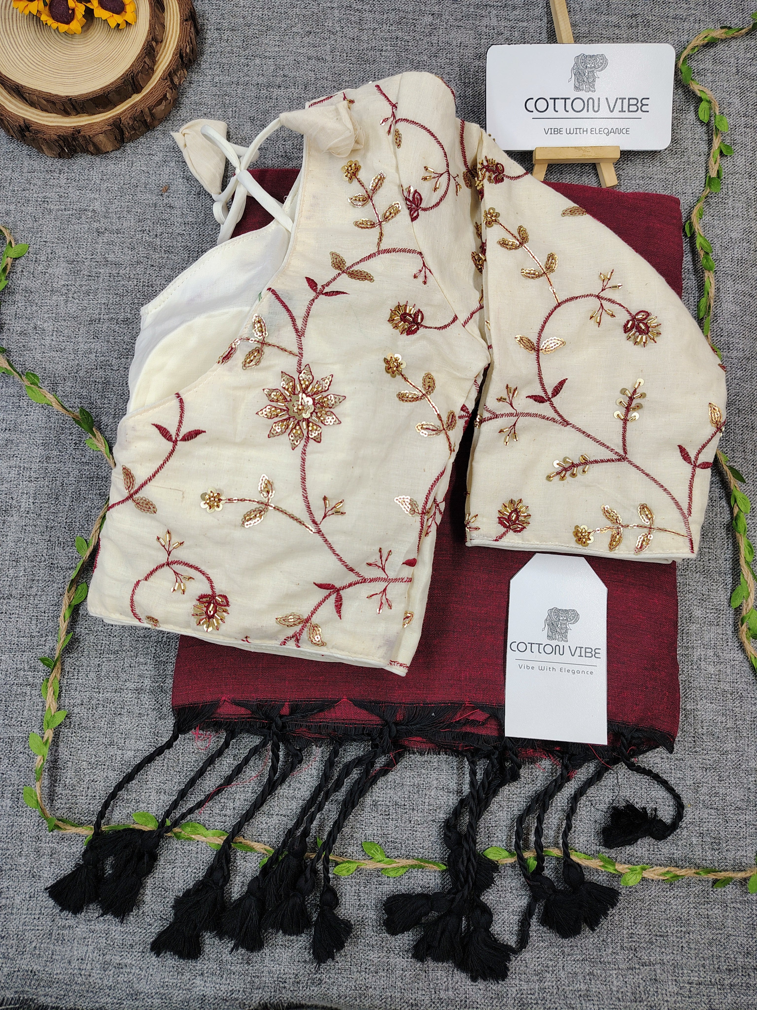 Classy Maroon Cotton Khadi Saree With Embrodery Work Redy Made Blouse