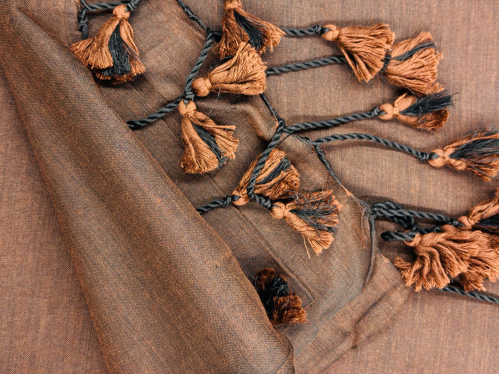 Coffee Cotton Khadi Saree With Designer Flower Based Printed Blouse