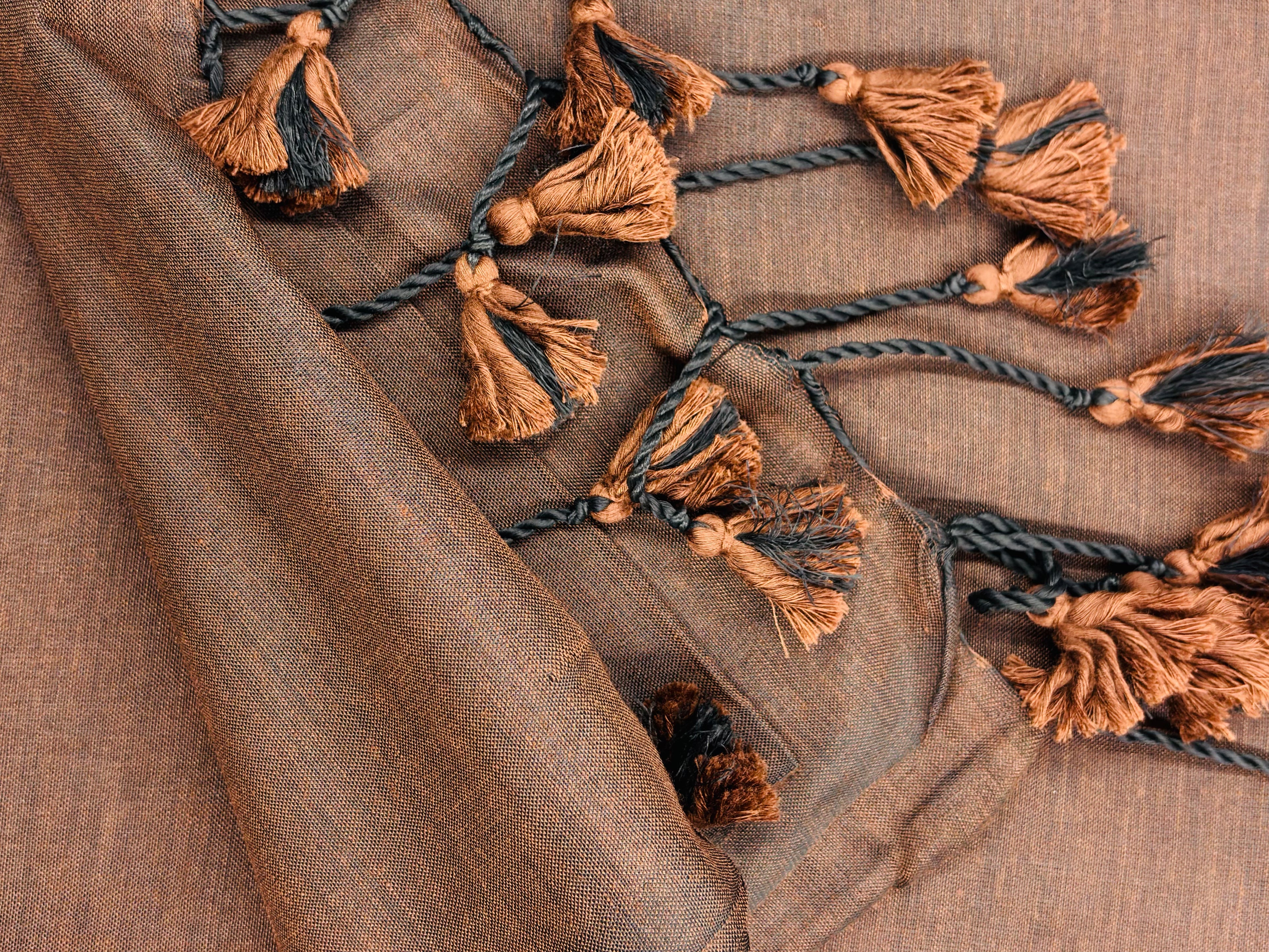 Coffee Cotton Khadi Saree With Designer Flower Based Printed Blouse