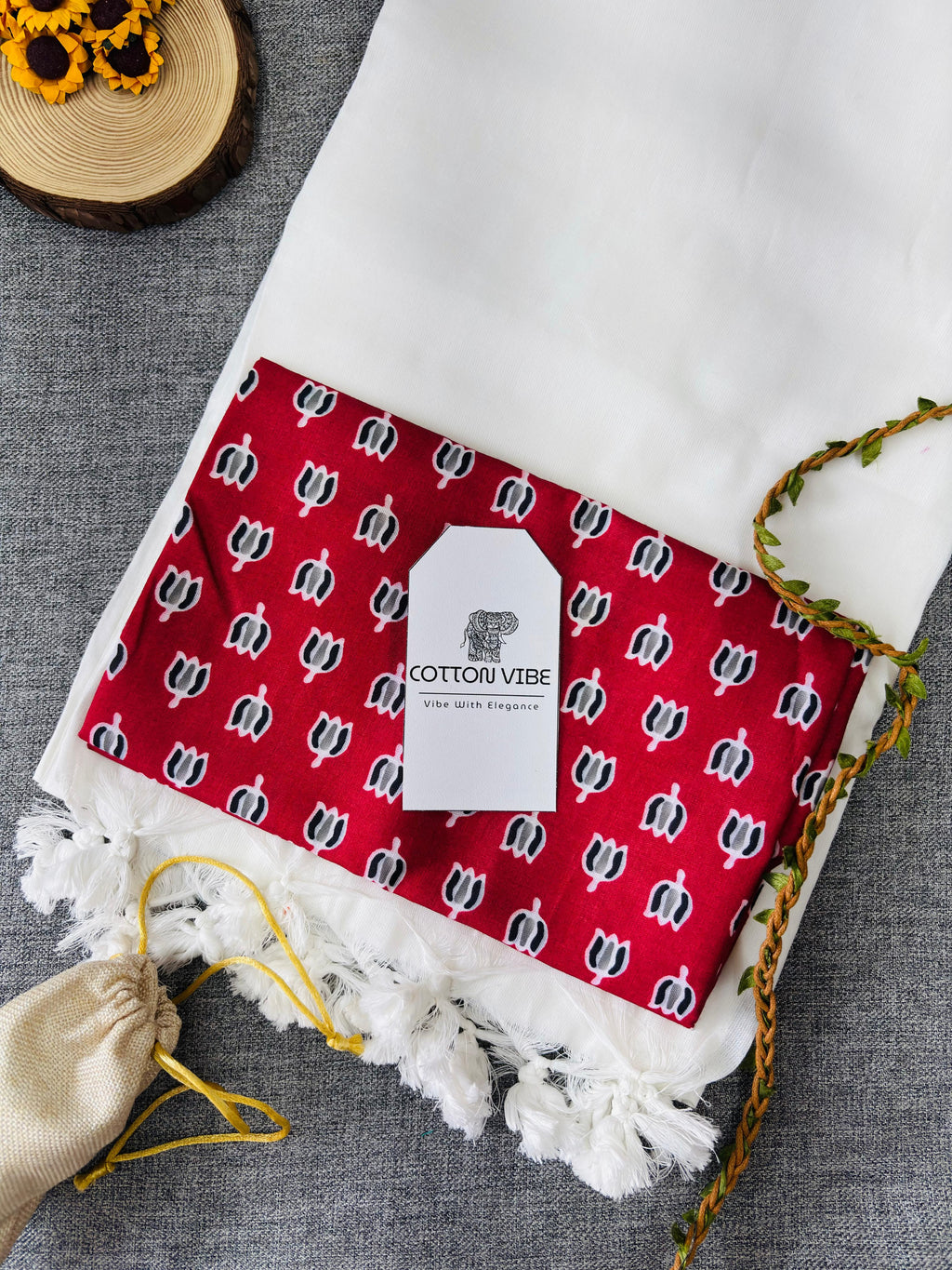 White Cotton Khadi Saree With Designer Flower Based Printed Blouse