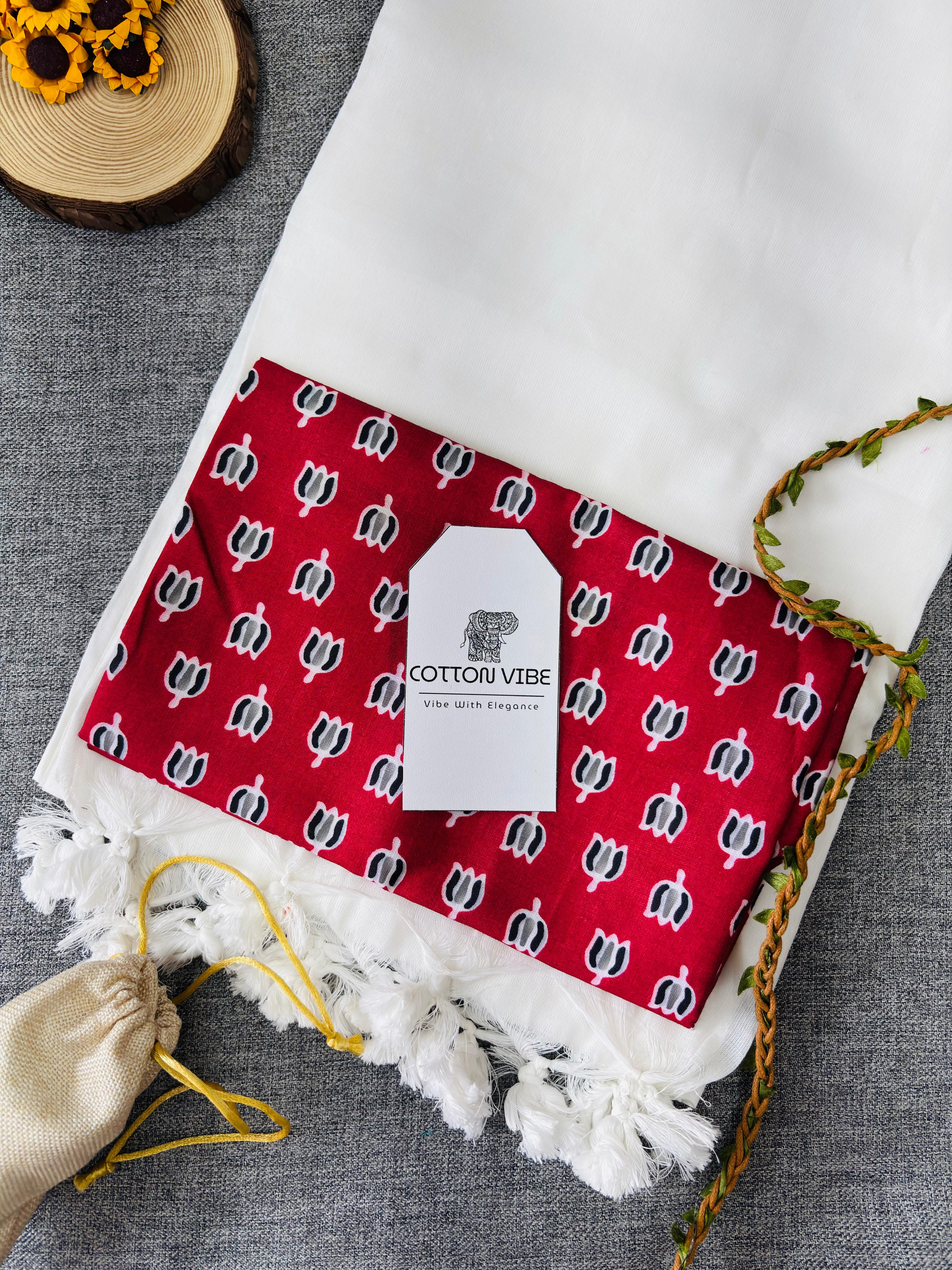 White Cotton Khadi Saree With Designer Flower Based Printed Blouse