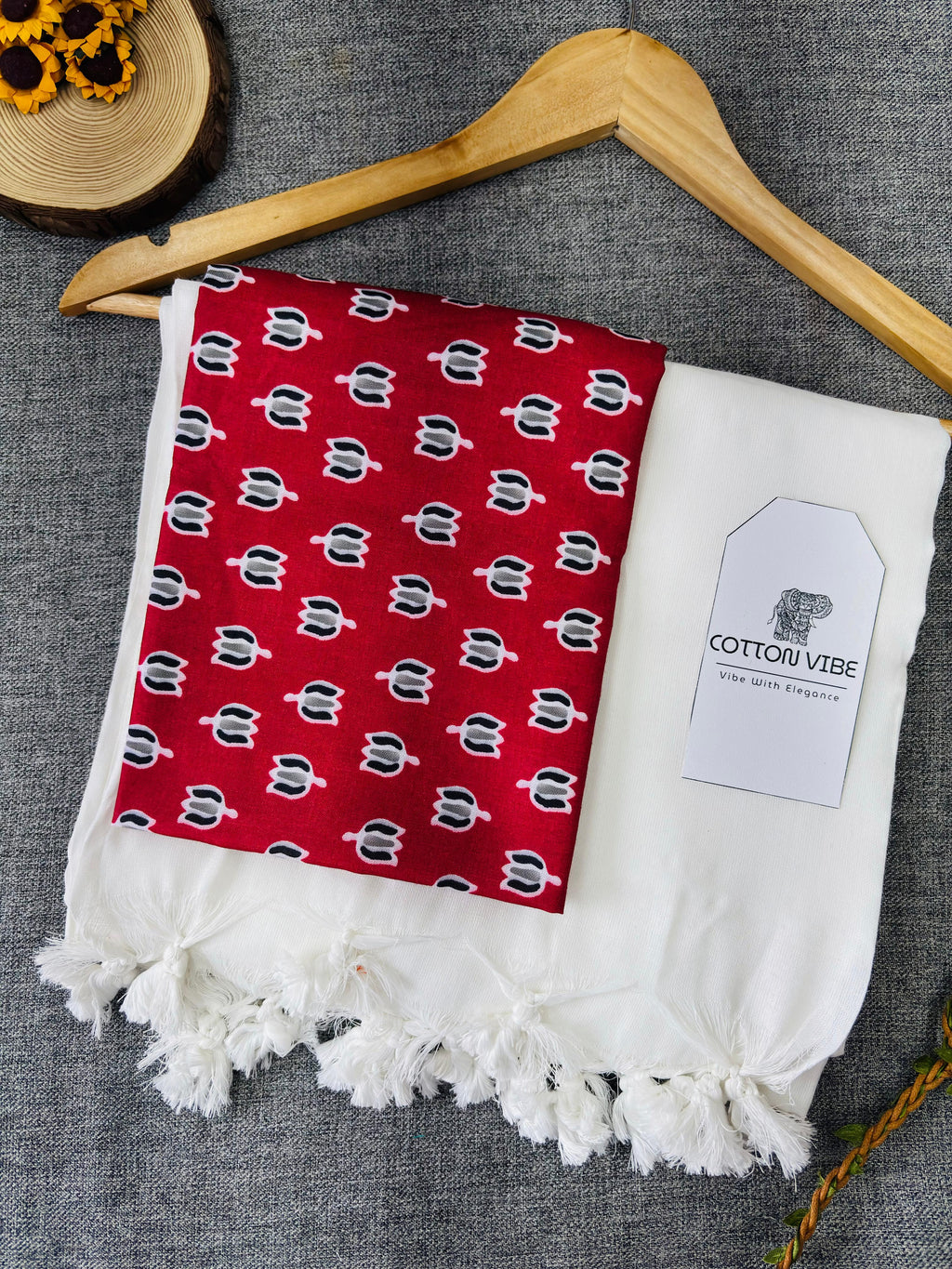 White Cotton Khadi Saree With Designer Flower Based Printed Blouse