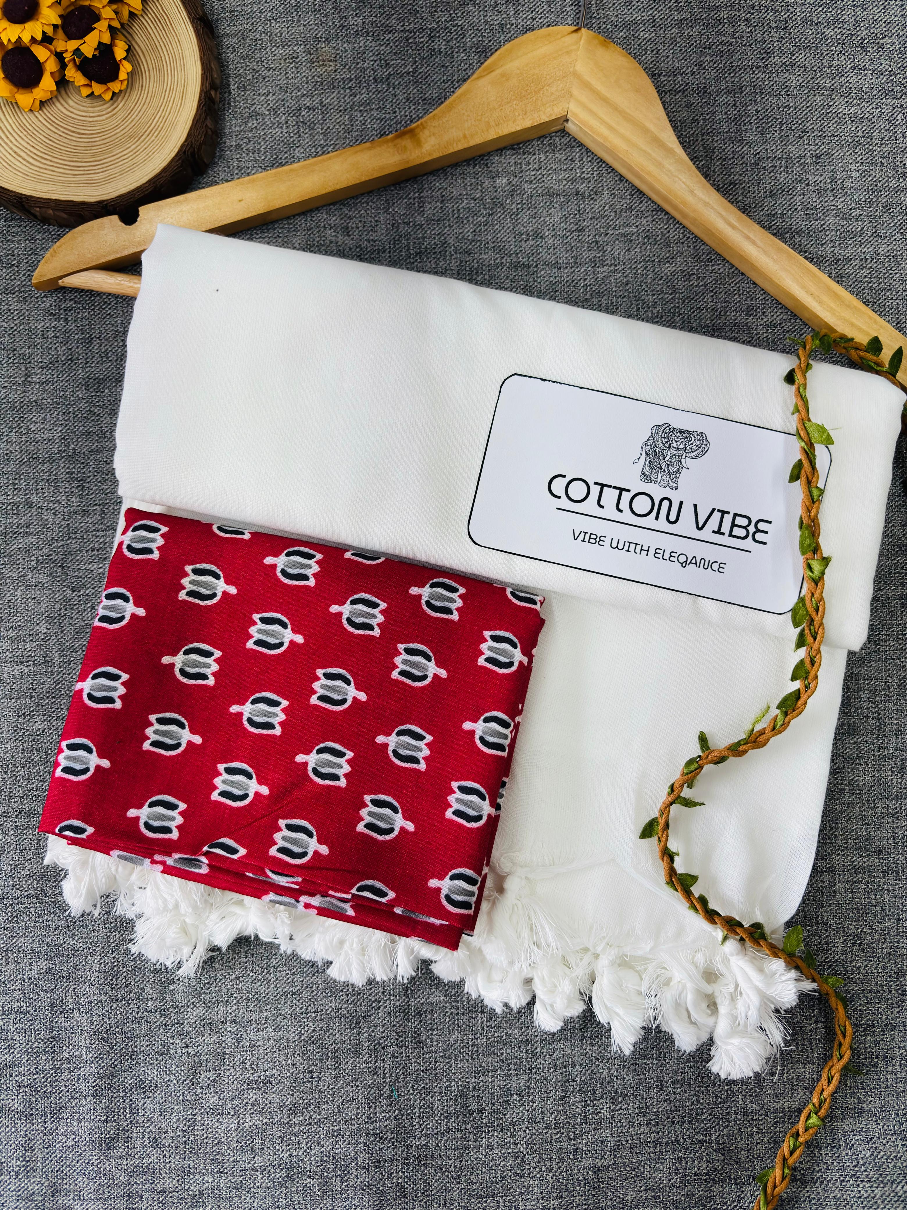 White Cotton Khadi Saree With Designer Flower Based Printed Blouse