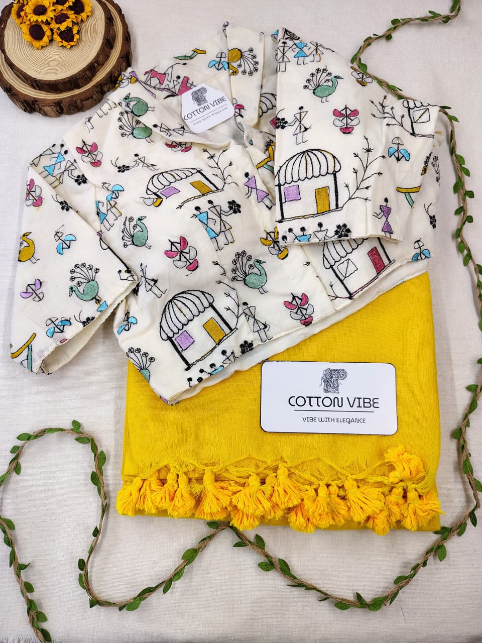 Yellow Cotton Khadi Saree With Embrodery Work Redy Made Blouse