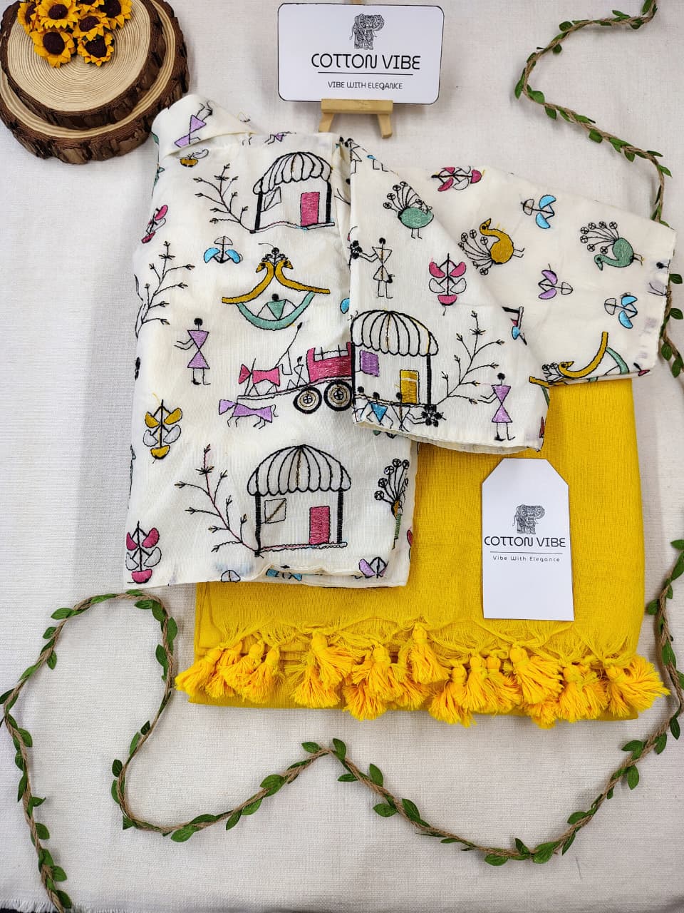 Yellow Cotton Khadi Saree With Embrodery Work Redy Made Blouse